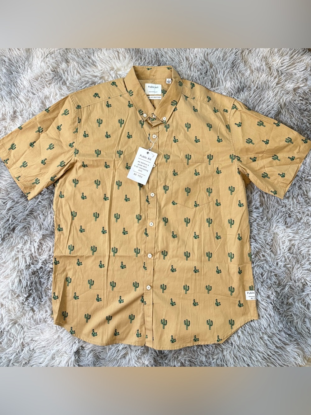 Short-Sleeve Mustard Cactus Button-Down Shirt